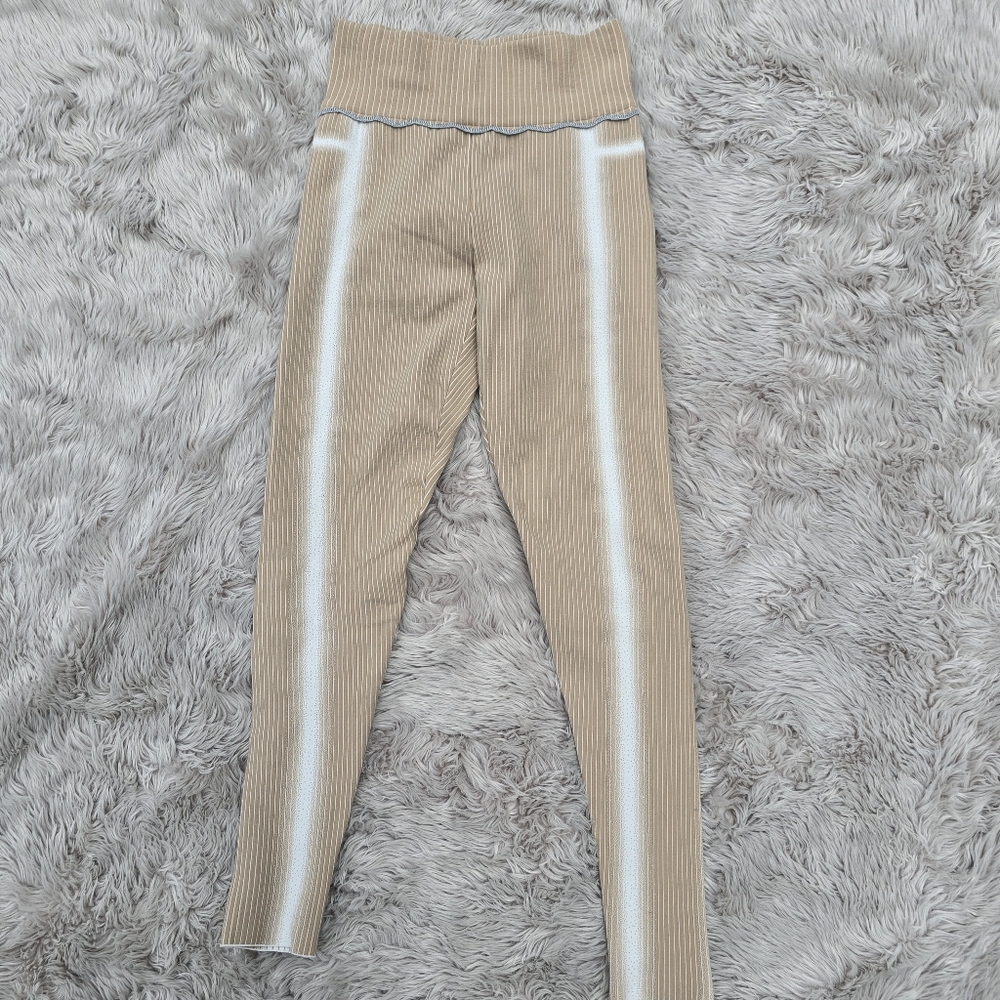 Tan Ribbed Leggings with White Stripes